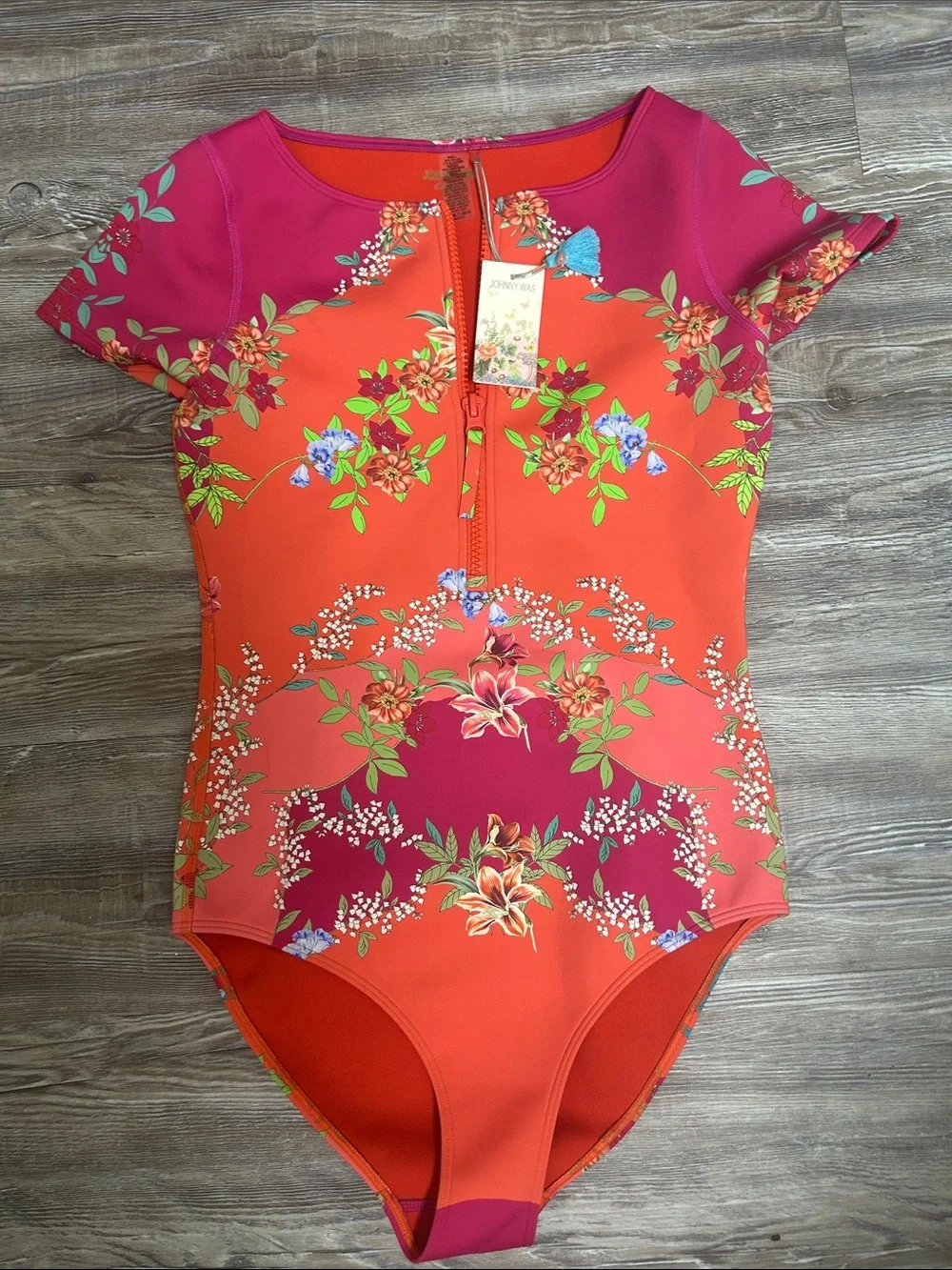 Johnny Was Short Sleeve One-Piece Swimsuit by - Pink & Orange